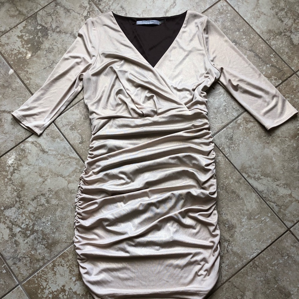 Andrew Marc gold cocktail dress stretch evening